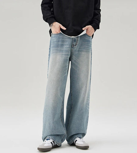 Men's Cat Whisker Jeans Full Length Trendy Loose Wide Straight Leg Denim Pants New Korean Spring Design 2025 9W1319