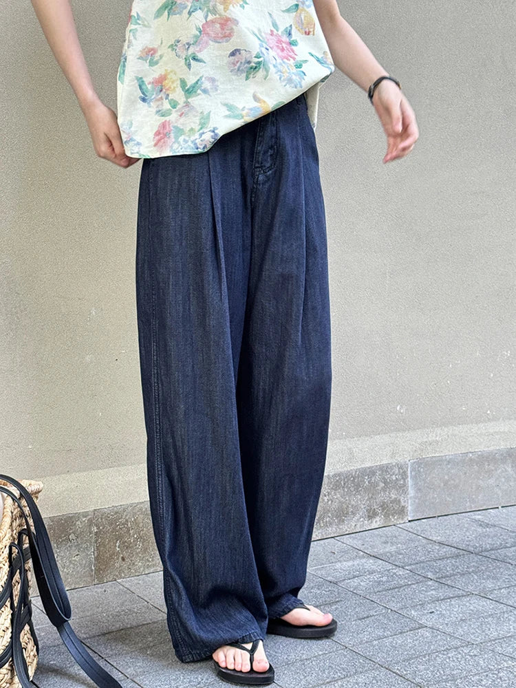 High Waist Blue Denim Thin Casual Pocket Wide Leg Jeans New Women Trousers Fashion Tide Spring Autumn 2025 1DJ1212