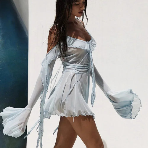 Load image into Gallery viewer, Elegant Mesh Patchwork Ruffled Short Skirt Women's Long Sleeved Sexy Open Back Transparent Vestidos Holiday Party Beach
