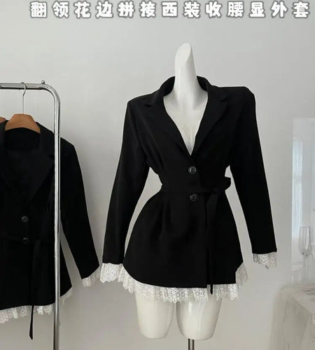 Vintage French New Women Black Patchwork Lace Single Breasted Bandage Blazer Jacket Autumn Winter Sweet Temperament Tops Fashion