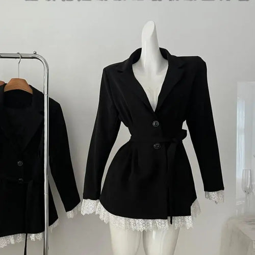 Load image into Gallery viewer, Vintage French New Women Black Patchwork Lace Single Breasted Bandage Blazer Jacket Autumn Winter Sweet Temperament Tops Fashion
