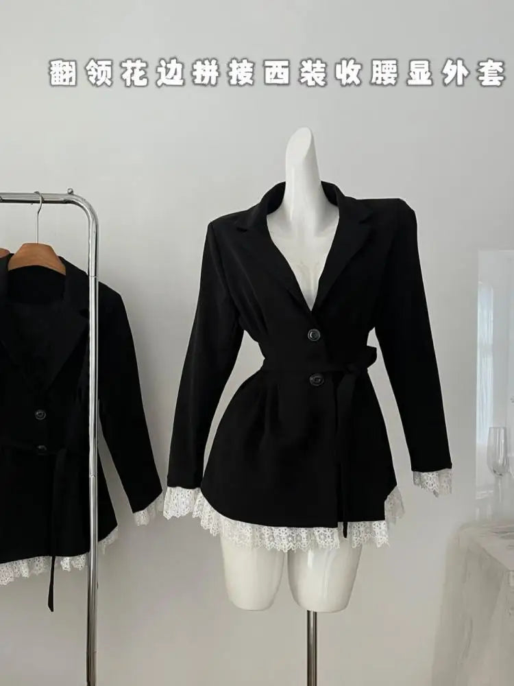 Vintage French New Women Black Patchwork Lace Single Breasted Bandage Blazer Jacket Autumn Winter Sweet Temperament Tops Fashion