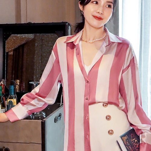 Load image into Gallery viewer, Hit Color Striped Shirts For Women Lapel Long Sleeve Patchwork Single Breasted Summer Blouse Female Fashion
