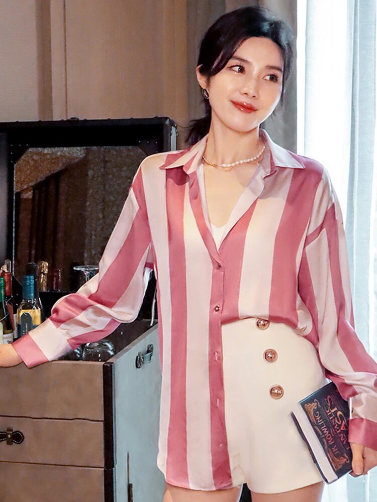 Hit Color Striped Shirts For Women Lapel Long Sleeve Patchwork Single Breasted Summer Blouse Female Fashion