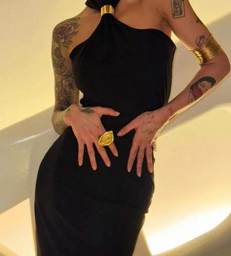 Turtleneck Off-shoulder Sexy Knit Maxi Dress For Women Gown Metal Buckle Strapless Sleeveless High Waist Knitted Dress