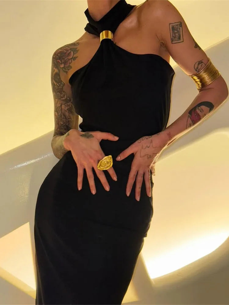 Turtleneck Off-shoulder Sexy Knit Maxi Dress For Women Gown Metal Buckle Strapless Sleeveless High Waist Knitted Dress