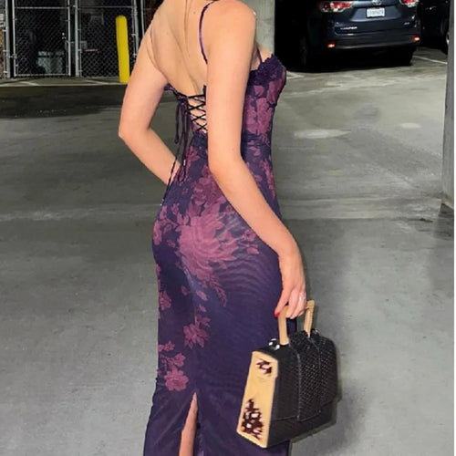 Load image into Gallery viewer, Spring New Product Spaghetti Strap Sexy Off Back Lace Edge Printed Split Dress Women Elegant Party Club Evening Dress
