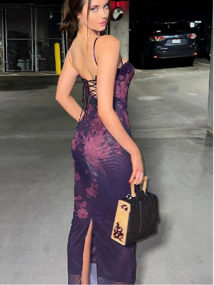 Spring New Product Spaghetti Strap Sexy Off Back Lace Edge Printed Split Dress Women Elegant Party Club Evening Dress