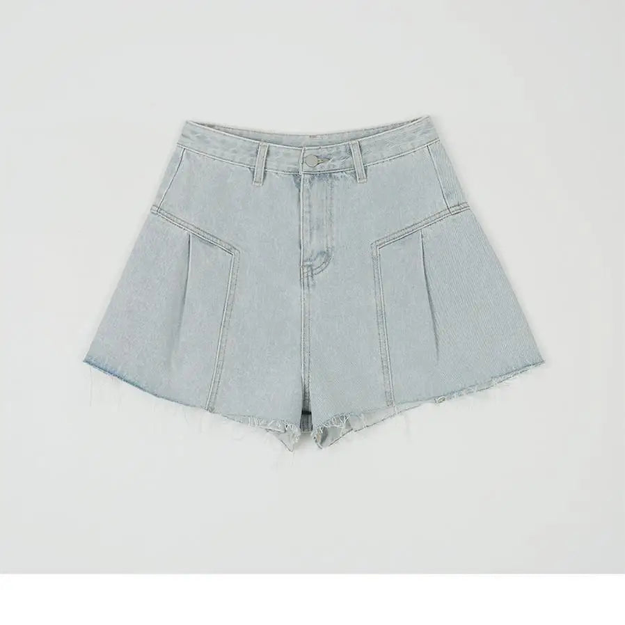 Fashion Summer Women Pink Elegant High Waist Button Wigh Leg Jeans Casual Female Loose Blue Versatile A-line Denim Shorts French