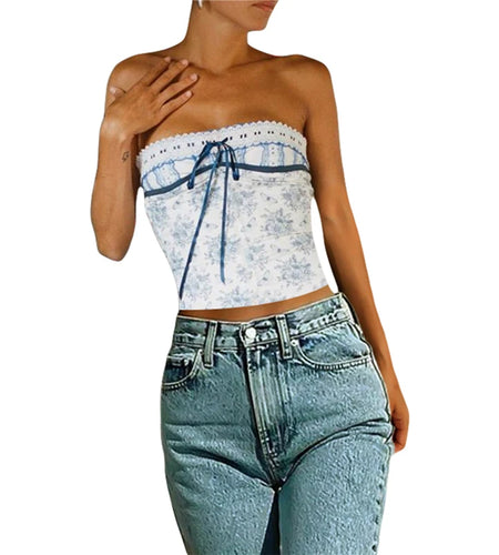 Strapless Tube Tops y2k Aesthetic Women Lace Patchwork Off Shoulder Sleeveless Vest Fairy Grunge Clothes Streetwear