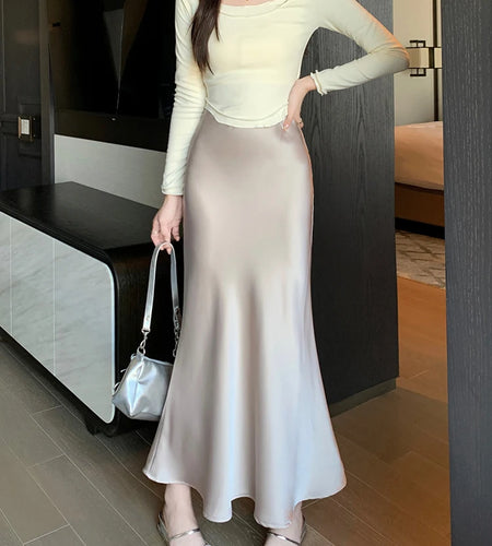 Autumn French 2024 Solid High Waist Vacation Long Skirt For Women Office Elegant Versatile Wrap Hip Fishtail Skirts Simplicity
