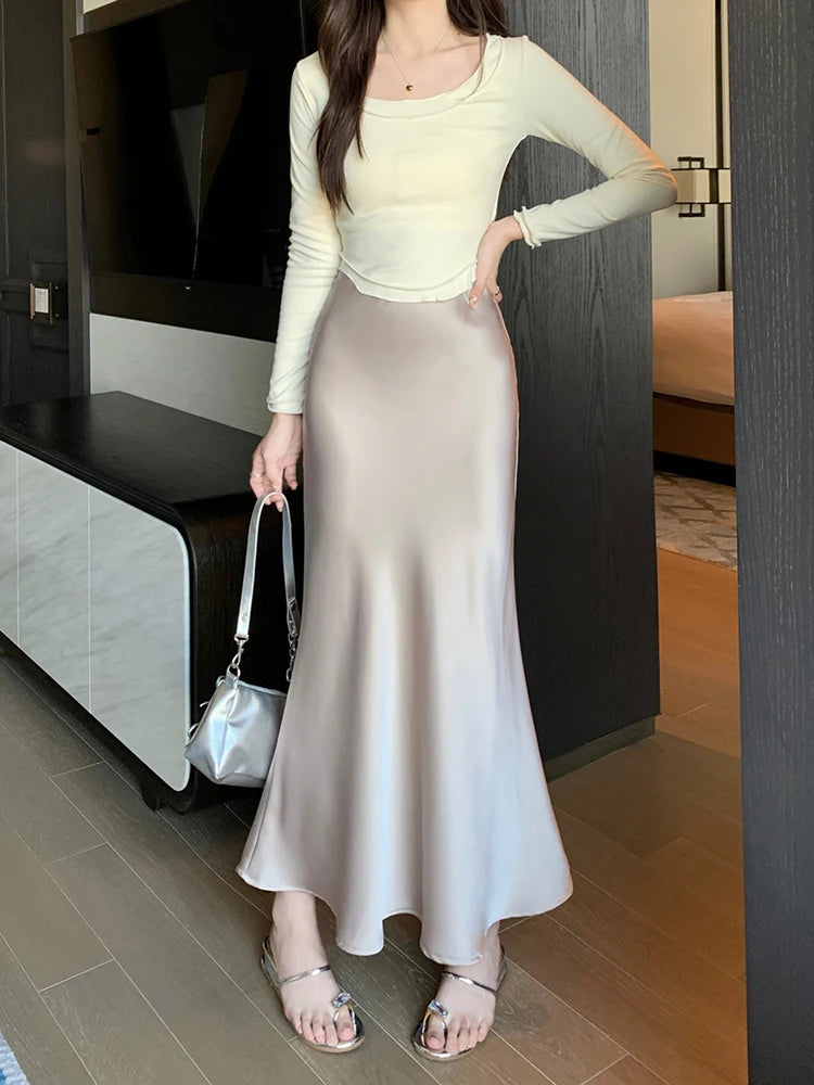 Autumn French 2024 Solid High Waist Vacation Long Skirt For Women Office Elegant Versatile Wrap Hip Fishtail Skirts Simplicity