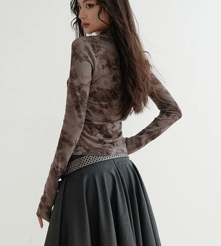 Women Gray Flocking Hollow Out Slim Bandage Bow T-shirt New Round Neck Long Sleeve Fashion Tide Spring Autumn 2025 1DH9347