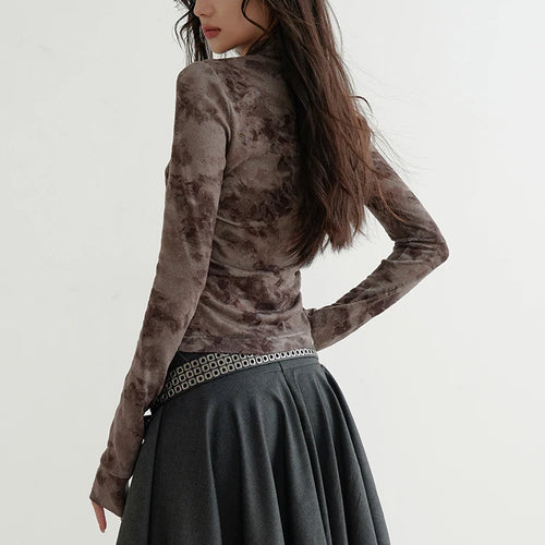 Load image into Gallery viewer, Women Gray Flocking Hollow Out Slim Bandage Bow T-shirt New Round Neck Long Sleeve Fashion Tide Spring Autumn 2025 1DH9347
