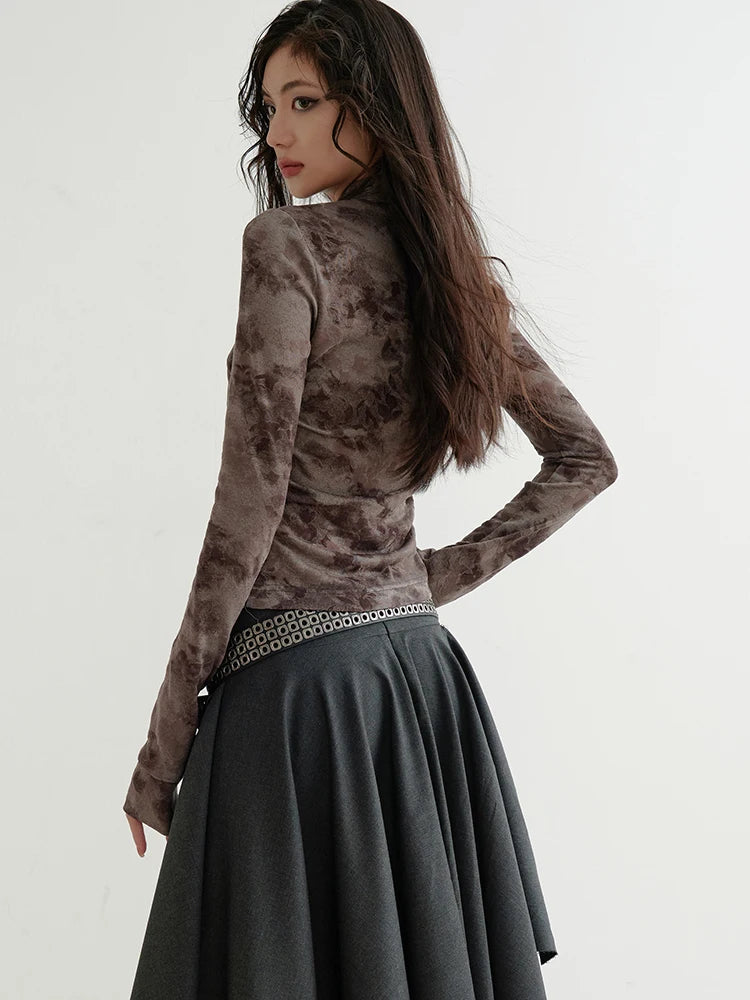 Women Gray Flocking Hollow Out Slim Bandage Bow T-shirt New Round Neck Long Sleeve Fashion Tide Spring Autumn 2025 1DH9347