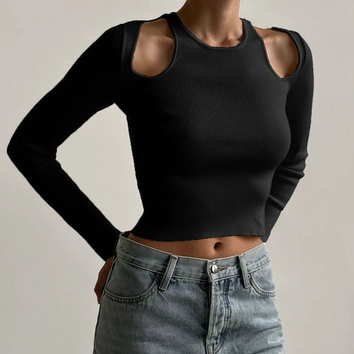 Load image into Gallery viewer, Casual Black Skinny Autumn Sweater for Women Cut Out Solid All-Match Pullover Knit Crop Korean Fashion Jumper Outfits
