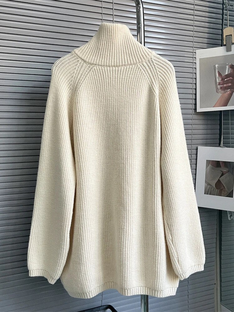 Solid Minimalist Sweaters For Women Turtleneck Long Sleeve Loose Patchwork Zipper Knitting Sweater Female Clothing