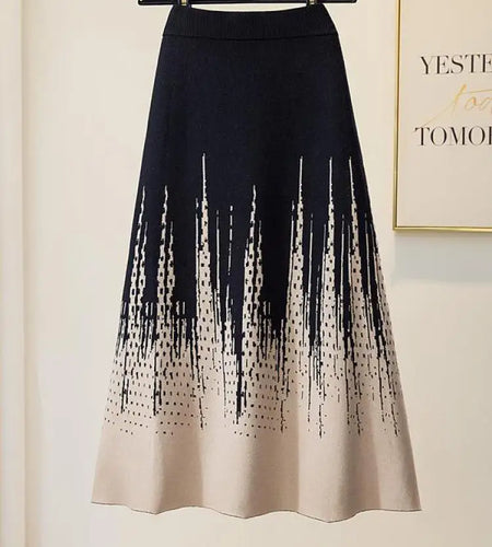 Korean Vintage 2024 Autumn Winter New Elegant Print Crochet Knit Long Skirt Women Casual Thick High Waist Pack Hip A-line Skirts