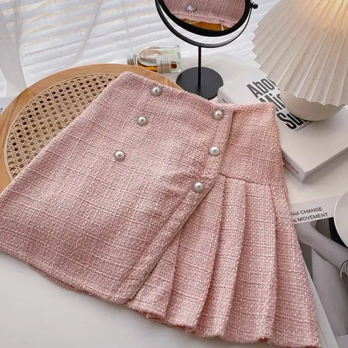 Load image into Gallery viewer, Autumn Winter Retro Plaid Slim Pleated A-line Woolen Half-length Skirt Womens Irregular Pearl Buckle High Waist Mini Tweed Skirt
