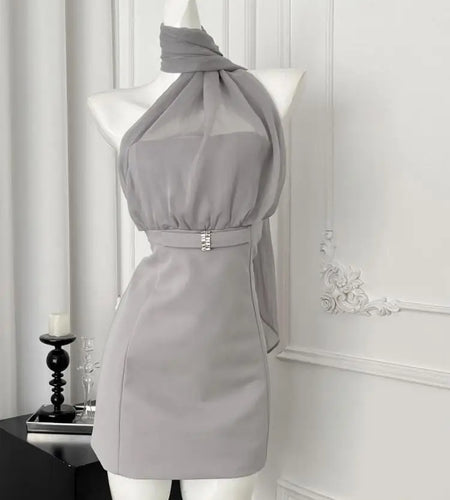 Korean Vintage Women's Grey Mesh Elegant Holiday Backless Halter Bandage Short Dresses Summer Sleeveless Party Evening Dress New
