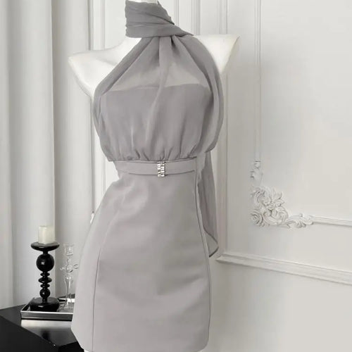 Load image into Gallery viewer, Korean Vintage Women's Grey Mesh Elegant Holiday Backless Halter Bandage Short Dresses Summer Sleeveless Party Evening Dress New
