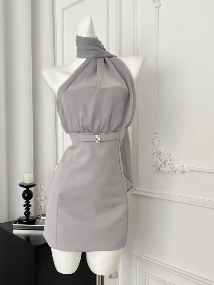 Korean Vintage Women's Grey Mesh Elegant Holiday Backless Halter Bandage Short Dresses Summer Sleeveless Party Evening Dress New