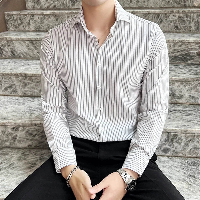 Men's Long Sleeve Shirt New Spring Business Windsor Collar Stylish Striped Male Single Breasted Clothing Handsome 9W1872