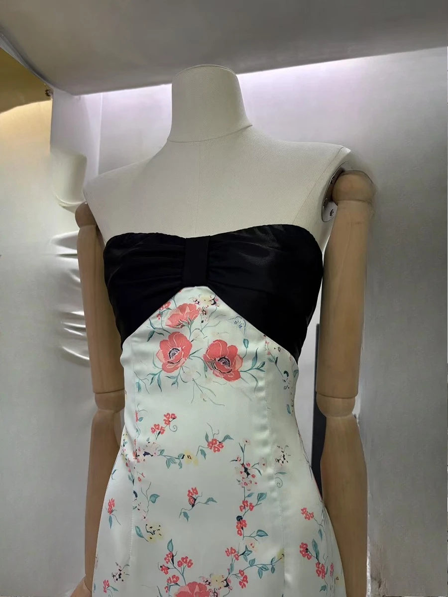 Hit Color Printing Spliced Bowknot Dresses for Women Strapless Sleeveless Sexy Dress Female Fashion Clothing New