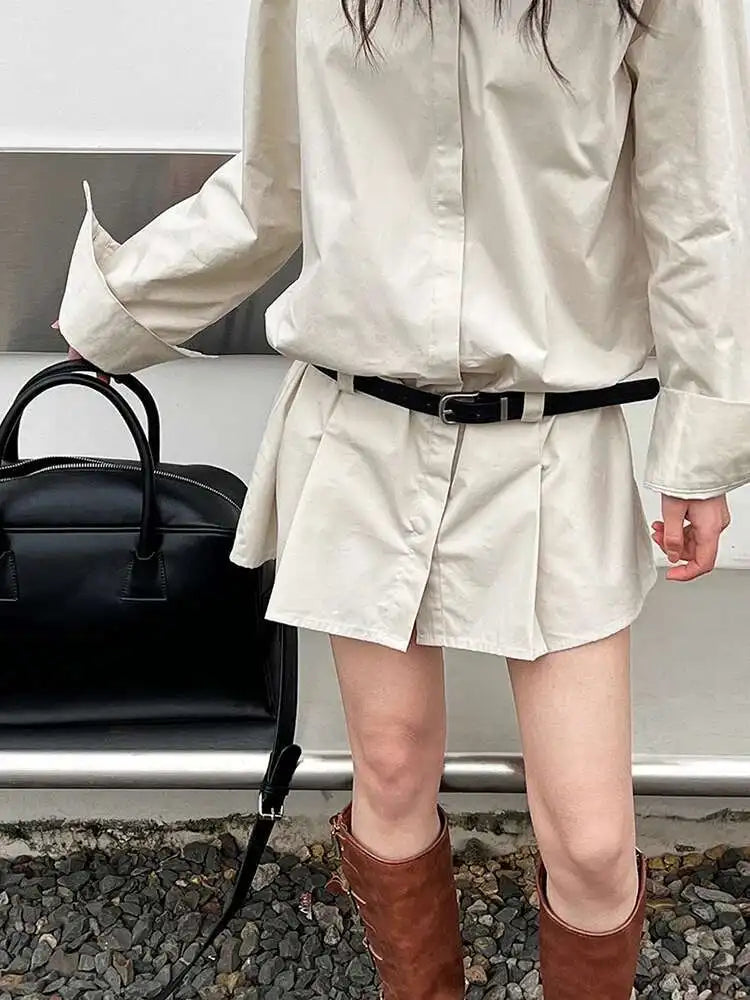 Women White Hem Pleated Elegant Big Size Mini Shirt Dress New Lapel Long Sleeve Fashion Tide Spring Autumn 2025 1DH9552