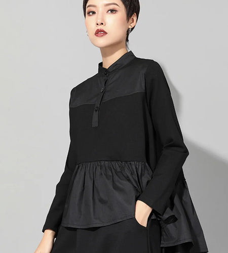 Women Black Pleated Ruffes Irregular Big Size T-shirt New Stand Collar Long Sleeve Fashion Tide Spring Autumn 2025 JQ016