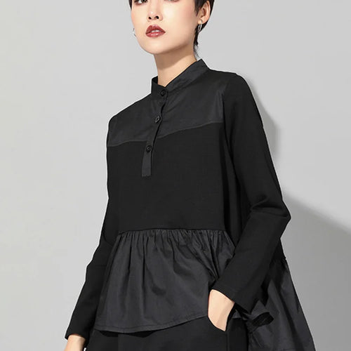 Load image into Gallery viewer, Women Black Pleated Ruffes Irregular Big Size T-shirt New Stand Collar Long Sleeve Fashion Tide Spring Autumn 2025 JQ016
