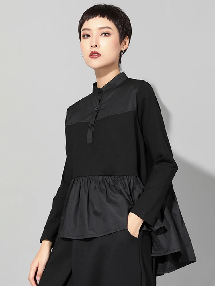 Women Black Pleated Ruffes Irregular Big Size T-shirt New Stand Collar Long Sleeve Fashion Tide Spring Autumn 2025 JQ016