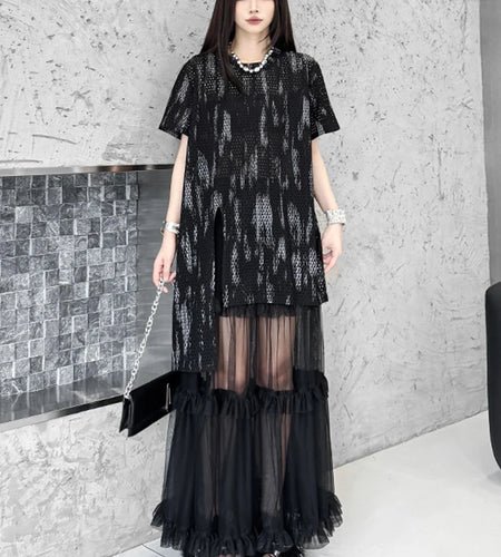 Women Black Grid Irregular Hem Big Size T-shirt New Round Neck Short Sleeve Fashion Tide Spring Summer 2025 1DJ1643