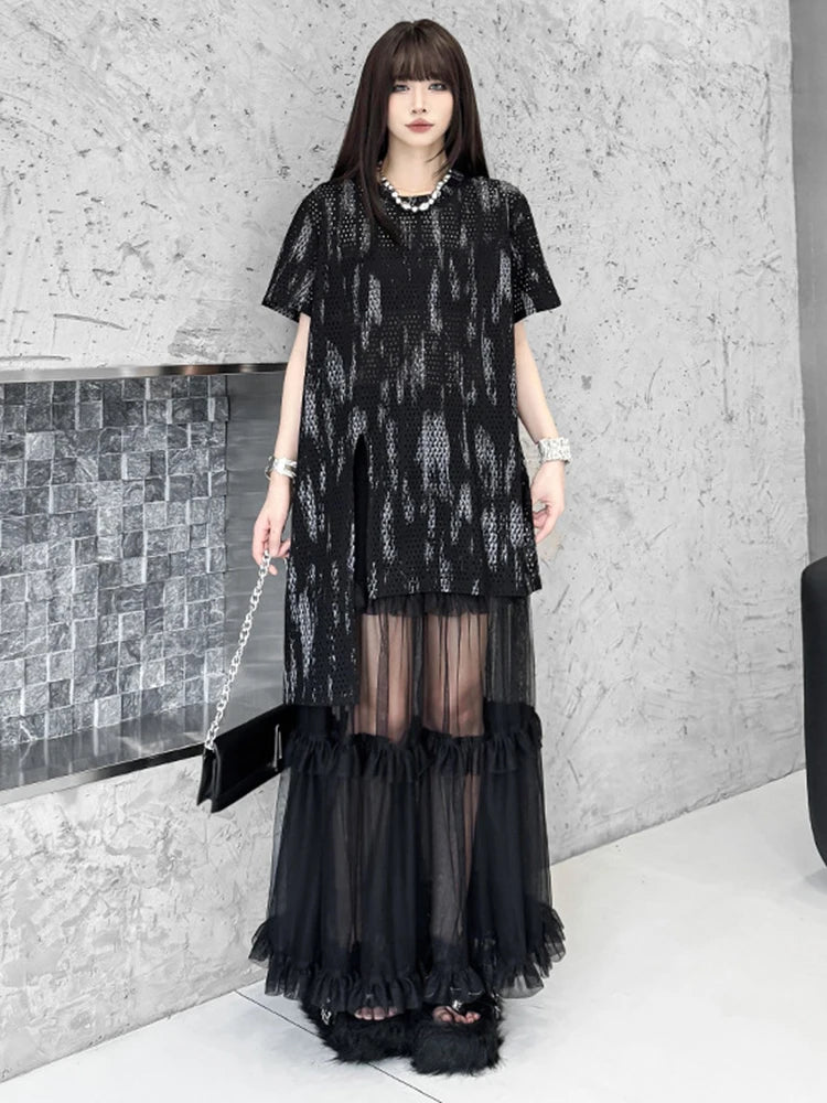 Women Black Grid Irregular Hem Big Size T-shirt New Round Neck Short Sleeve Fashion Tide Spring Summer 2025 1DJ1643