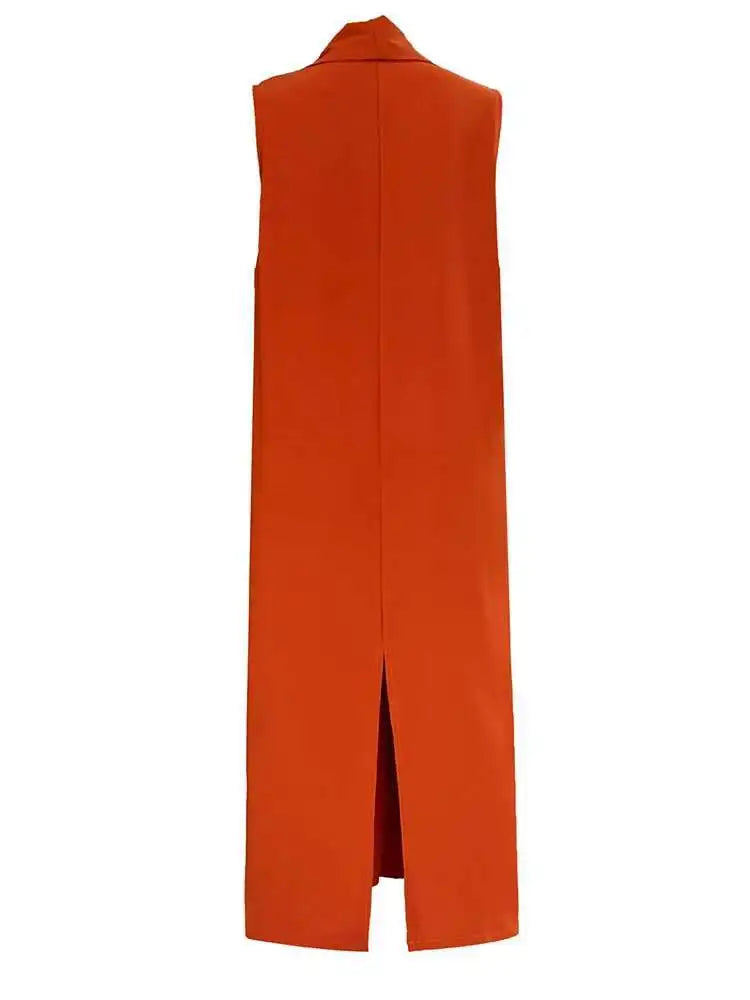 Women Orange Pocket Knot Elegant  Long Big Size Dress New V-Neck Sleeveless Fashion Tide Spring Summer 2025 1DH6380