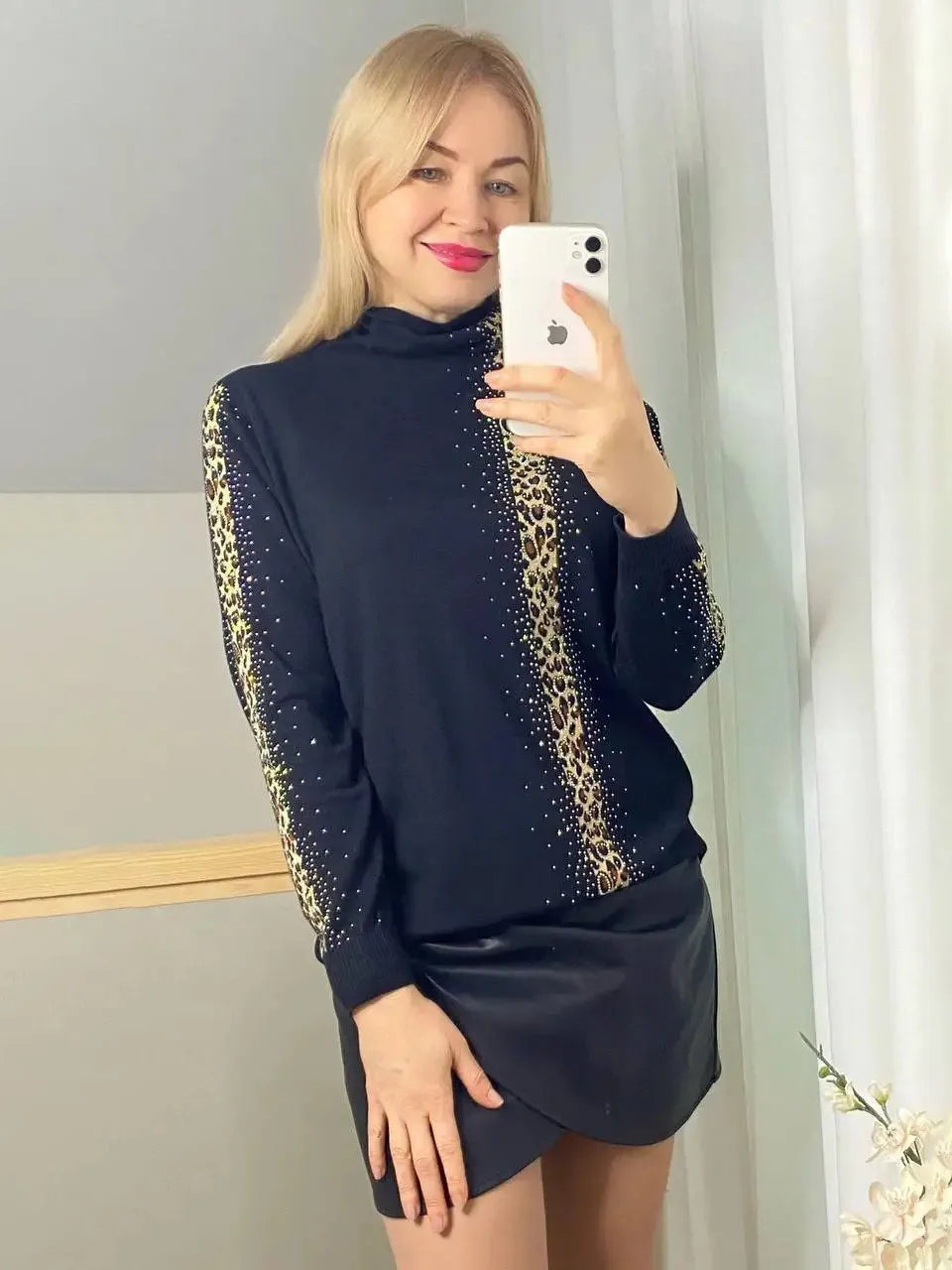 Rhinestones Leopard Turtleneck Sweaters Autumn Winter Wool Blend Bottoming Tops Long Sleeve Slim Female's Clothing B-011