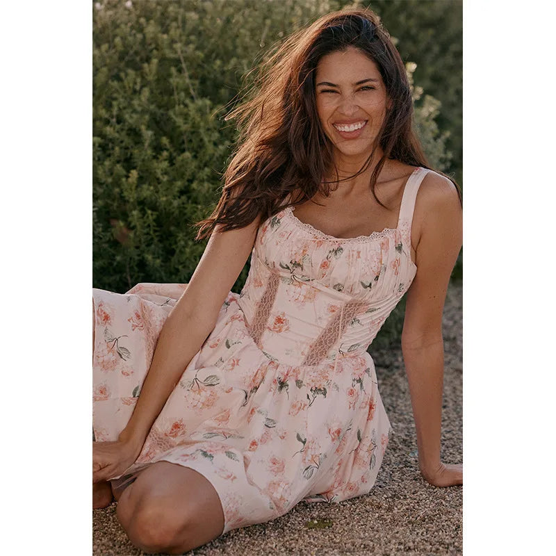 Floral Print Backless Sexy Mini Dress Women Robe Summer Fashion Square Collar Sleeveless High Waist A-line Club Dress