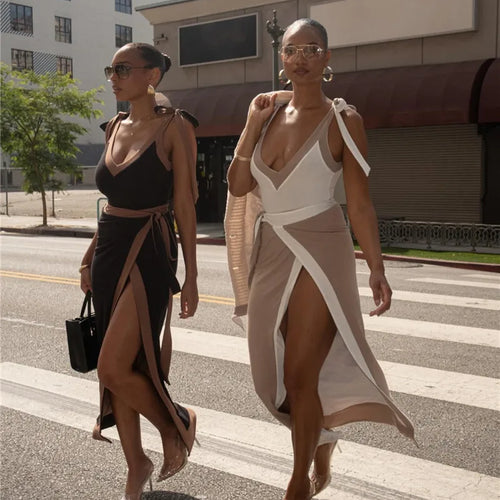 Load image into Gallery viewer, Patchwork Backless Sexy Maxi Dress  Women Fashion Spaghetti Strap V Neck Sleeveless High Split Sexy Long Dress Elegant
