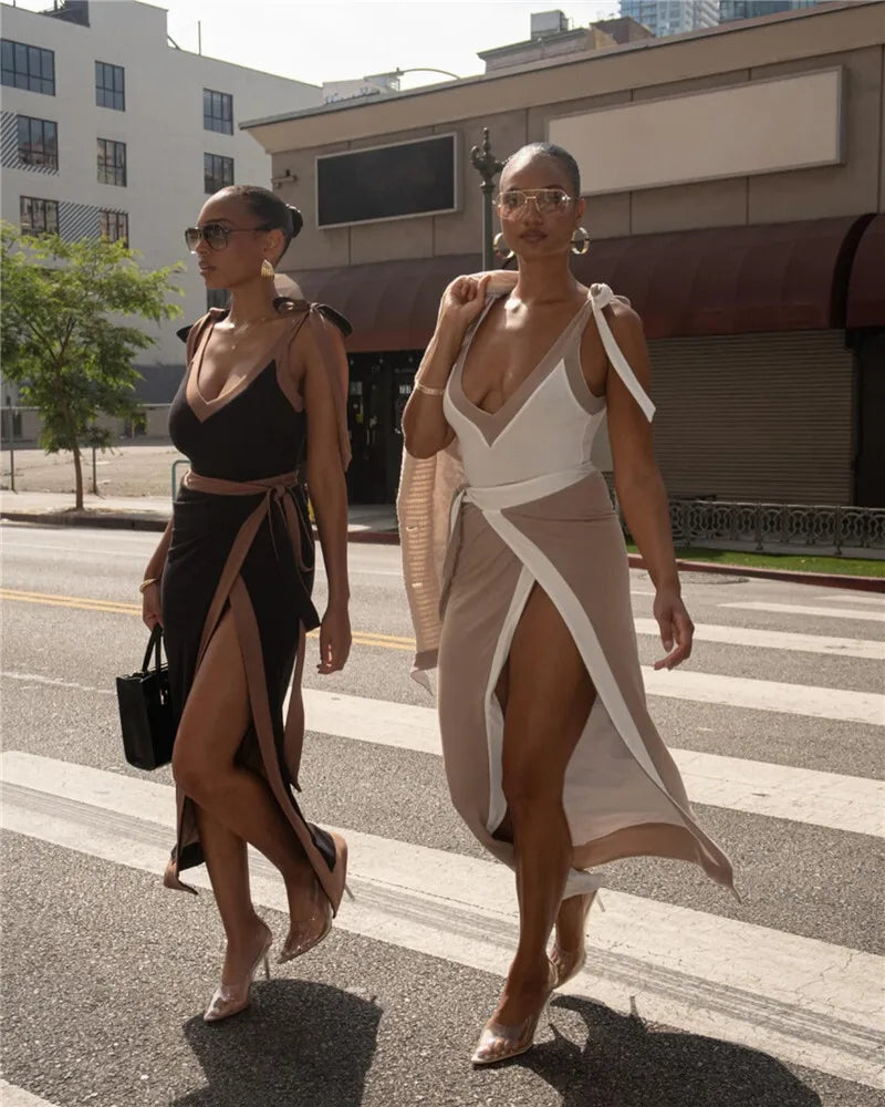 Patchwork Backless Sexy Maxi Dress  Women Fashion Spaghetti Strap V Neck Sleeveless High Split Sexy Long Dress Elegant