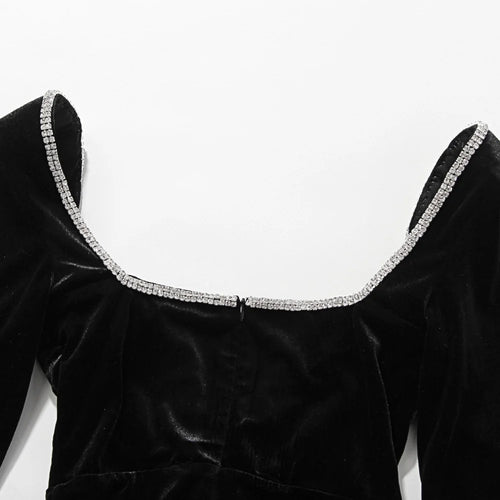 Load image into Gallery viewer, Long Sleeve Sexy Deep V Neck Wired Diamante Crystal Padded Should Bodycon Outfits Women Winter Velvet Party Dress
