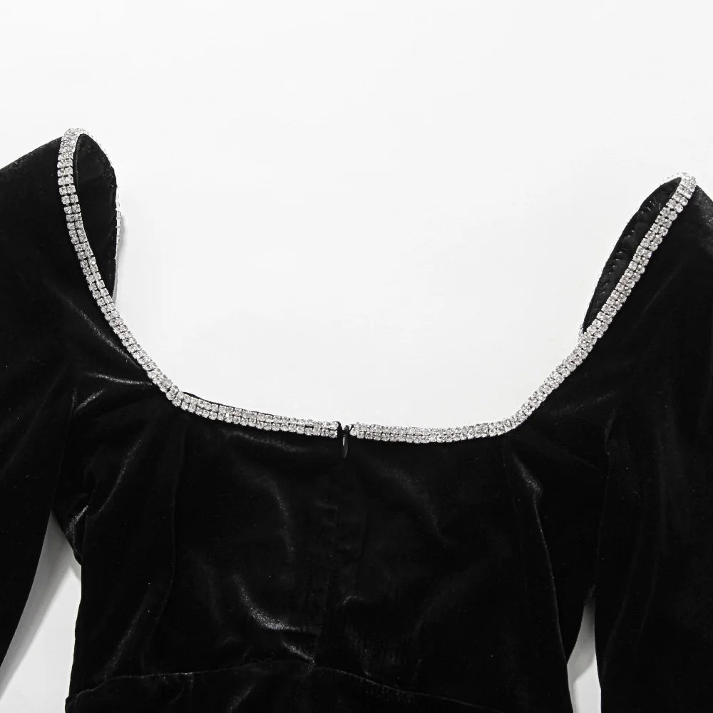 Long Sleeve Sexy Deep V Neck Wired Diamante Crystal Padded Should Bodycon Outfits Women Winter Velvet Party Dress