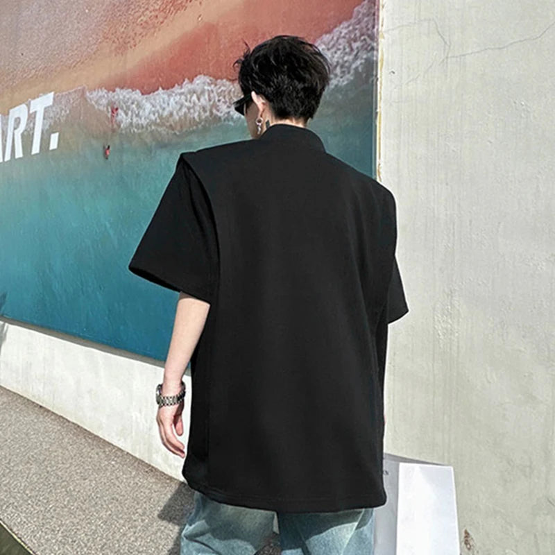 Summer Male T-shirt Stand Collar Solid Color Structure Men's Loose Short Sleeve Top Metal Button Streetwear 28W3341