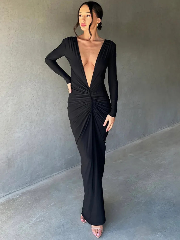 Deep V Neck Ruched Maxi Dress Women Gown Autumn New Long Sleeve Backless Bodycon Sexy Party Evening Dress Vestidos