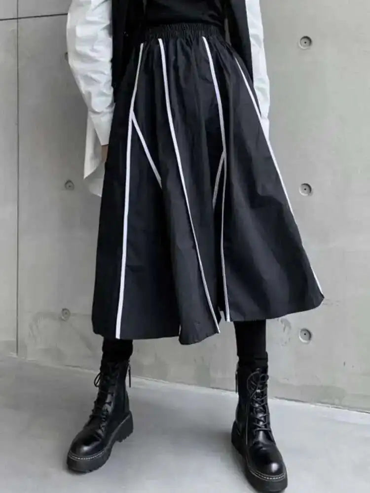 High Elastic Waist Black Liem Spliced Casual Long Half-body Skirt Women Fashion Tide New Spring Autumn 2025 1DE1829