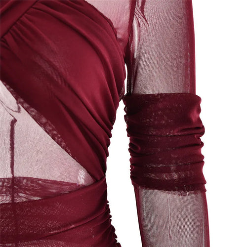 Load image into Gallery viewer, Mesh Ruched Sexy Maxi Dress For Women Fashion Zipper Patchwork See Through Long Sleeve Elegant Club Party Long Dress

