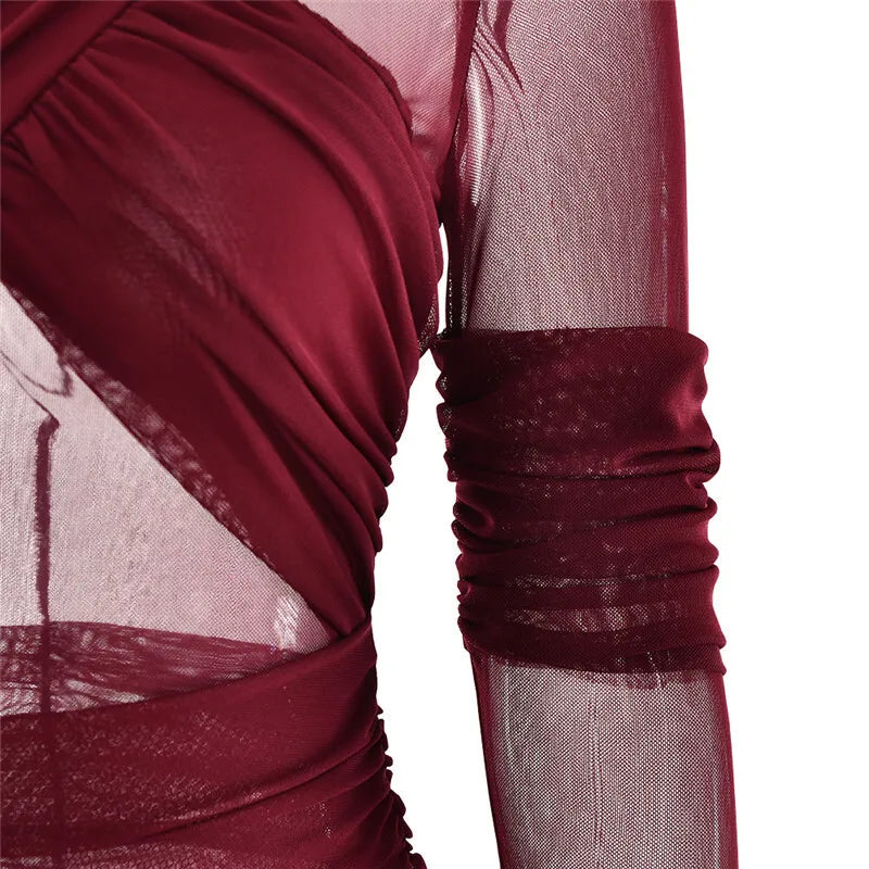 Mesh Ruched Sexy Maxi Dress For Women Fashion Zipper Patchwork See Through Long Sleeve Elegant Club Party Long Dress