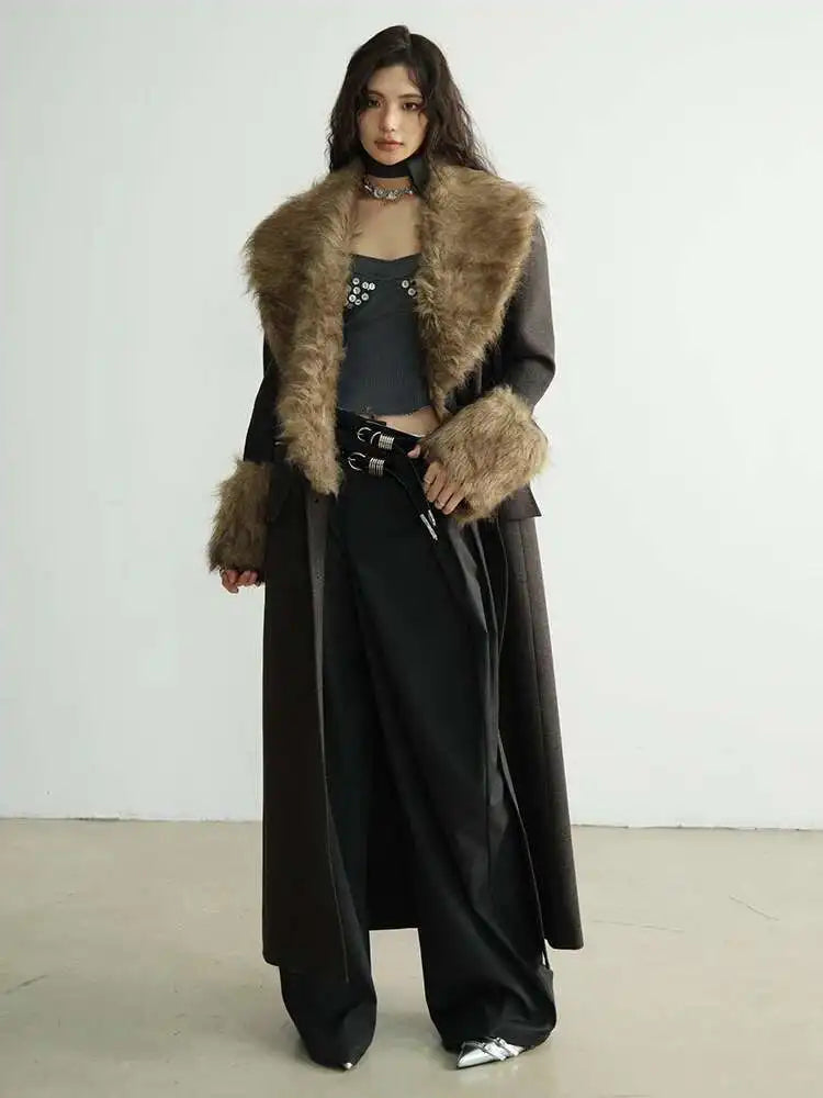 Women Dark Gray Detachable Fur Collar Big Size Thick Long Blazer New Long Sleeve Jacket Fashion Autumn Winter 2025 1DH8271