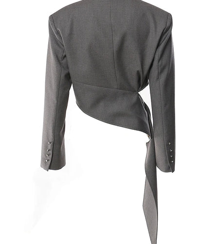 Women Gray Irregular Pleated Elegant Blazer New Lapel Long Sleeve Loose Fit Jacket Fashion Tide Spring Autumn 2025 1DF9442