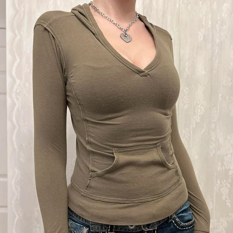 Harajuku Stitch Pockets Slim Hooded T-shirts for Women Vintage Y2K Pullover Pockets Slim Autumn Top Korean Sweats
