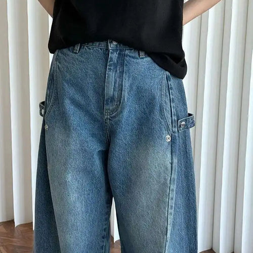 Load image into Gallery viewer, High Waist Blue Denim Shaped Buckle Long Casual Wide Leg Jeans New Women Trousers Fashion Tide Spring Autumn 2025 1DH9091
